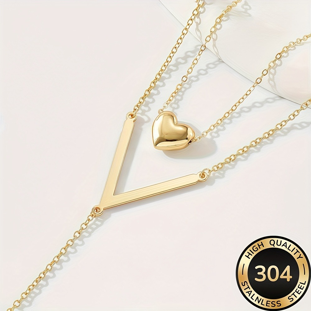 Women's Golden Heart-Shaped Layered Necklace, Elegant Design